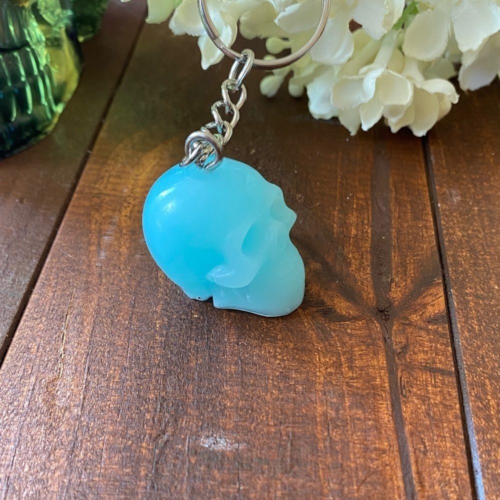 Handcrafted Resin Milky Light Blue Skull 3” Keychain Gothic Backpack Bag Charm - Picture 4 of 8
